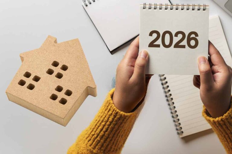 una mano tiene tra le dita il calendario 2026 e una casa in miniatura affianco