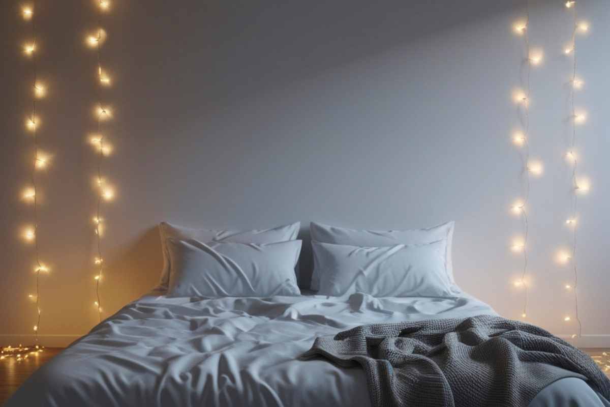 una camera da letto addobbata con lucine colorate