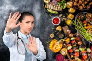 cibi vegani e medico che fa stop con le mani