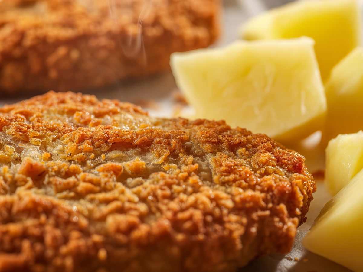 una cotoletta croccante con fette di limone