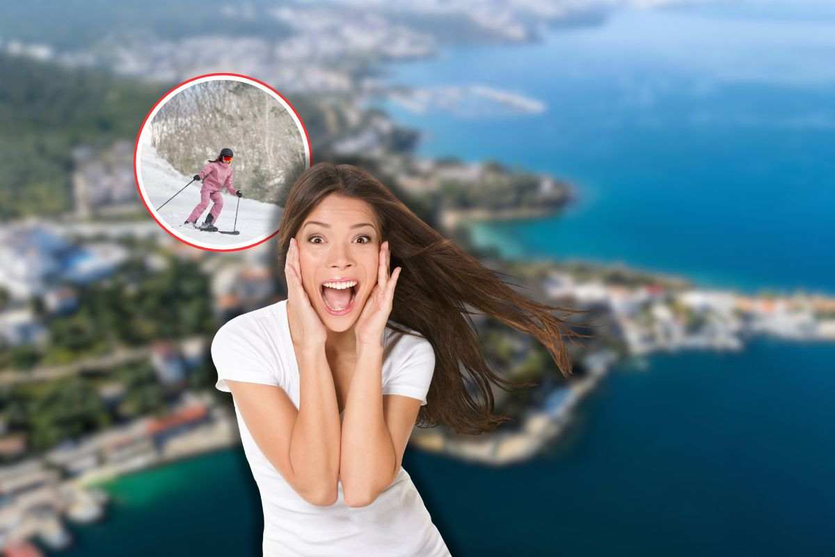 città vista mare, persona che scia sulla neve e donna sorpresa